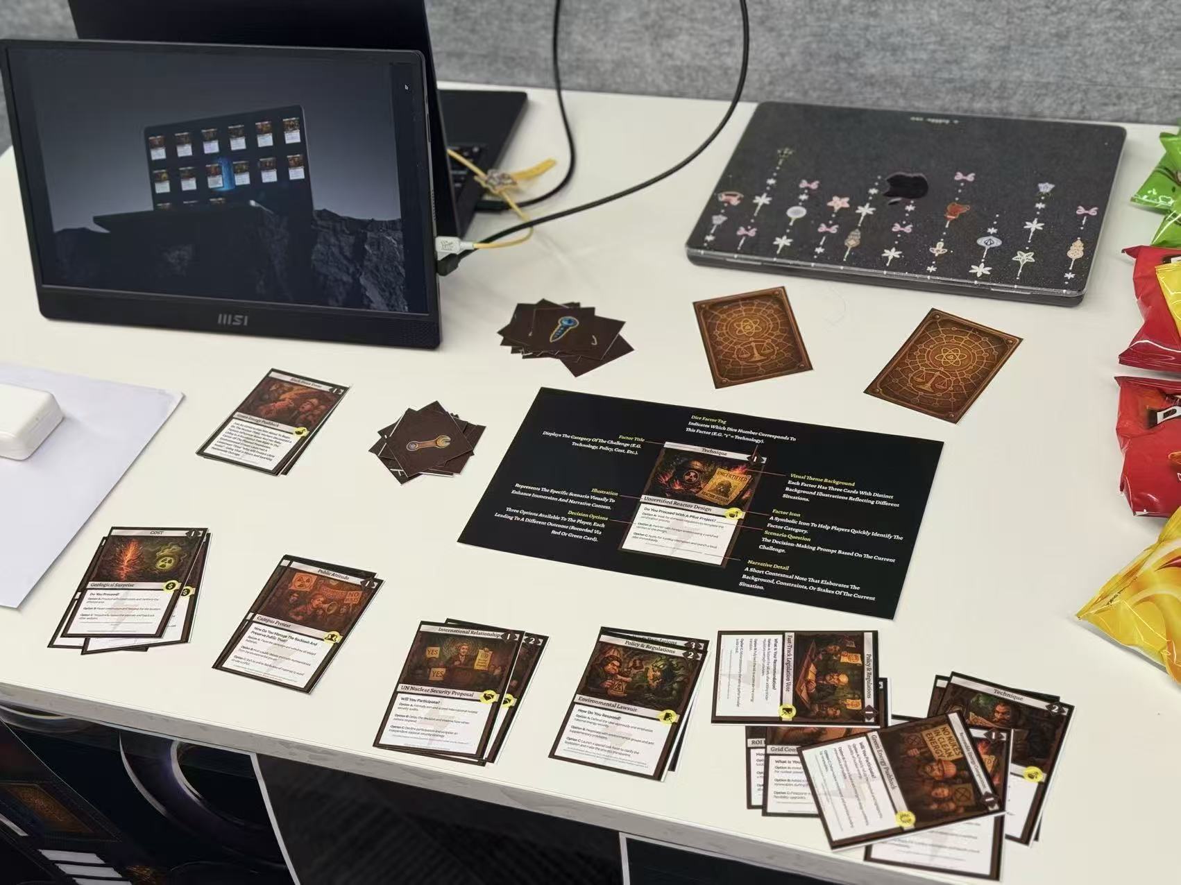 Printed decision cards and supporting digital prototype arranged for the studio presentation